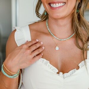 Turquoise Amazonite Gemstone Necklace Gold Toggle Clasp Removable Baroque Pearl